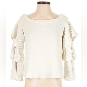 Endless Rose Ivory Tiered Ruffle Sleeve Sweater – Off-Shoulder Knit Sz Small
